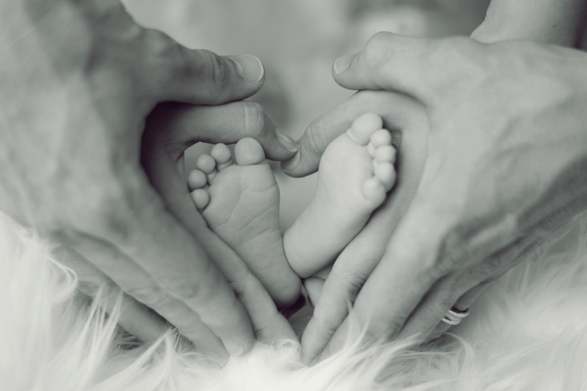 Adult hands forming a heart around a newborn baby's feet